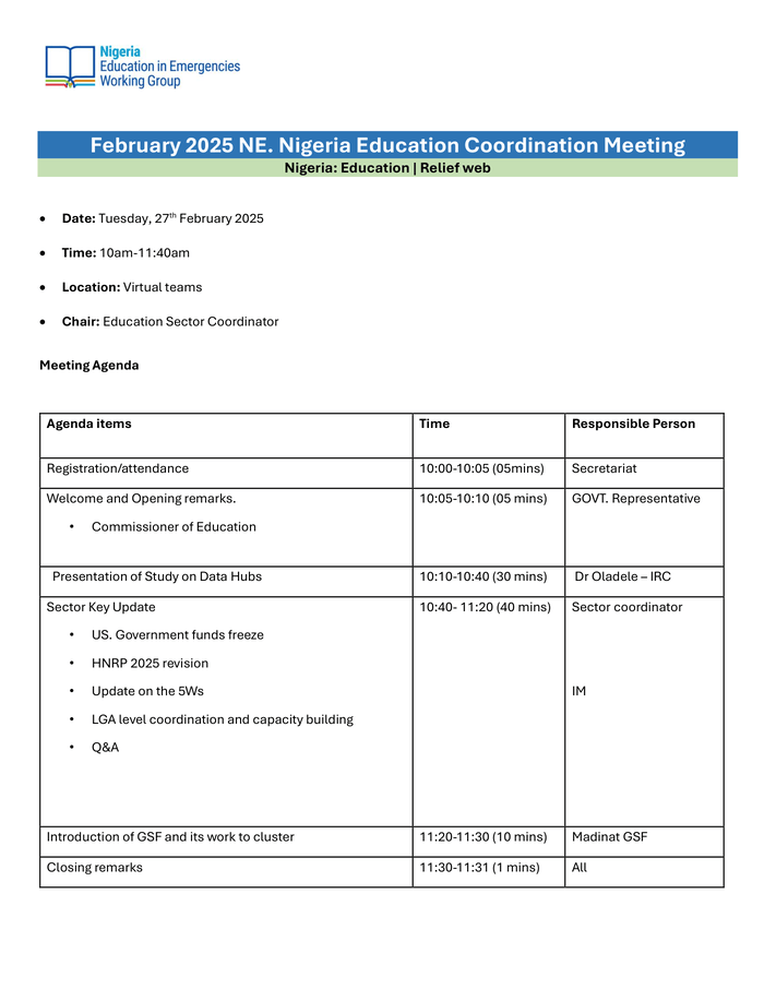 Education Sector (EiEWG), Northeast Nigeria Education Coordination Meeting – February 2025 [Meeting minutes] – ReliefWeb